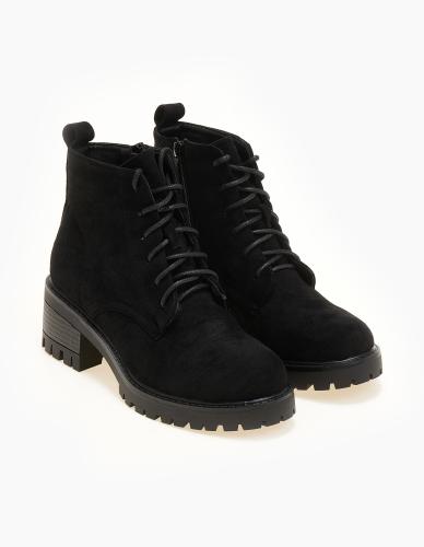 Ankle boots με suede υφή, κορδόνια και φερμουάρ - Μαύρο